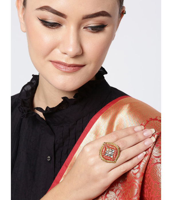 YouBella Rust Red Gold Plated Stone Studded Meenakari Adjustable Finger Ring