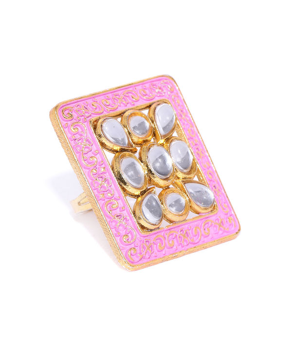 YouBella Pink Gold-Plated Stone-Studded Meenakari Adjustable Finger Ring