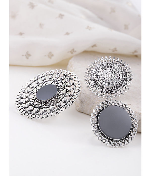 YouBella Oxidized Silver Plated Afghani Rings for Women and Girls (Adjustable Size, Combo of 3, Style 3)