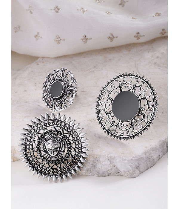 YouBella Jewellery Afghani Oxidised Silver Plated Combo of 3 Rings for Women and Girls (Adjustable Size)