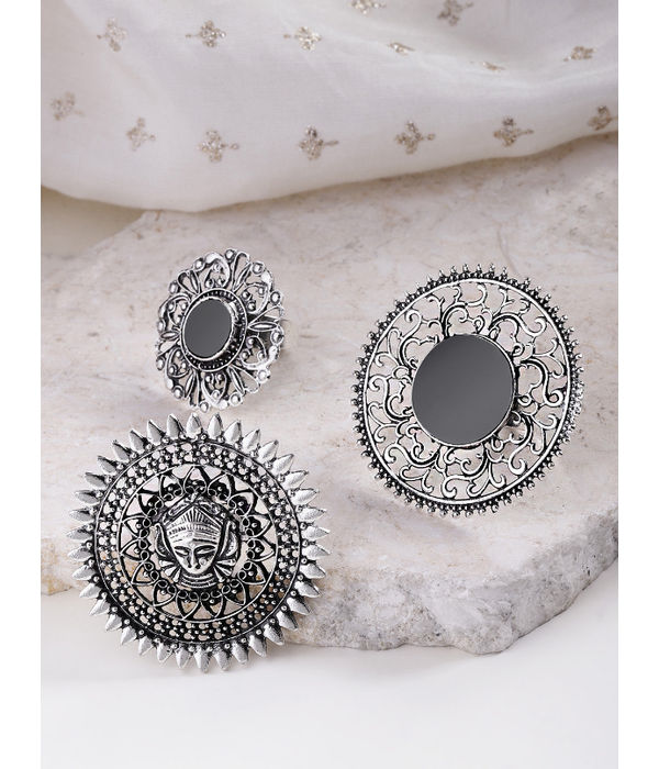 YouBella Set of 3 Oxidised Silver-Plated Afgan Adjustable Finger Rings