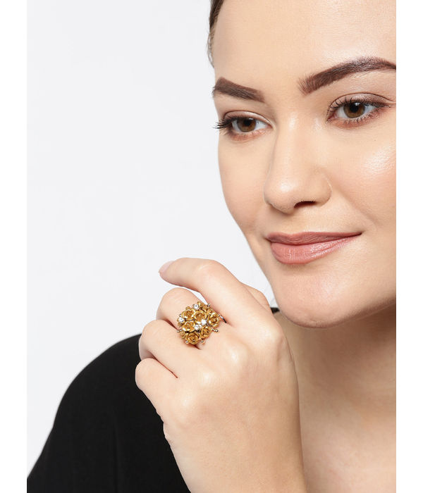 YouBella Gold-Plated Stone-Studded Floral Adjustable Finger Ring