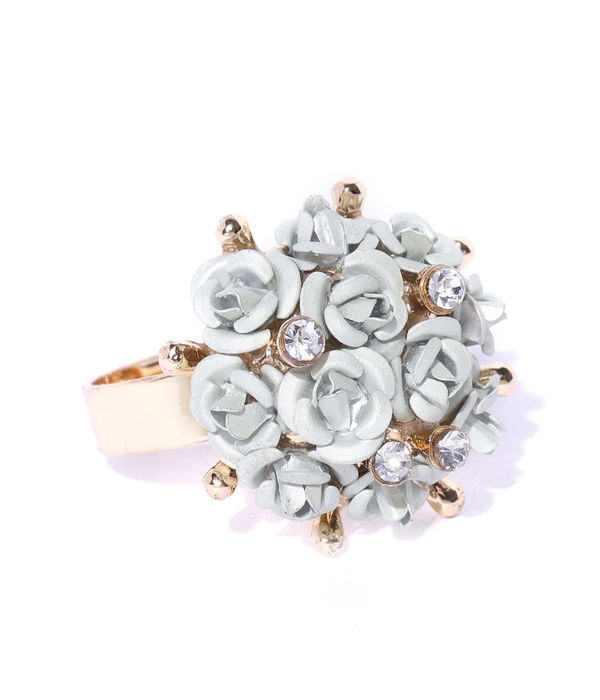 YouBella Grey Gold-Plated Stone-Studded Floral Adjustable Finger Ring