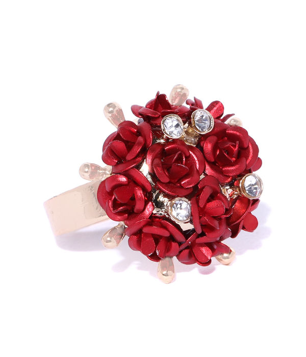 YouBella Red Gold-Plated Stone-Studded Floral Adjustable Finger Ring