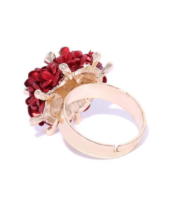 YouBella Red Gold-Plated Stone-Studded Floral Adjustable Finger Ring