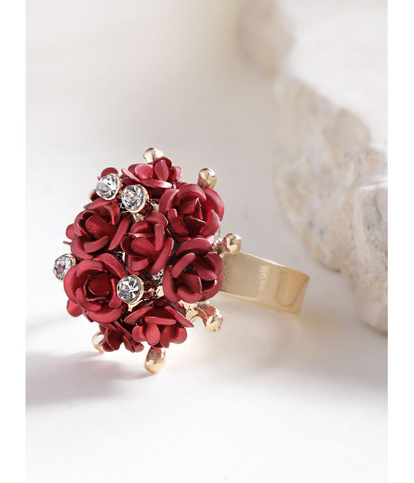 YouBella Red Gold-Plated Stone-Studded Floral Adjustable Finger Ring