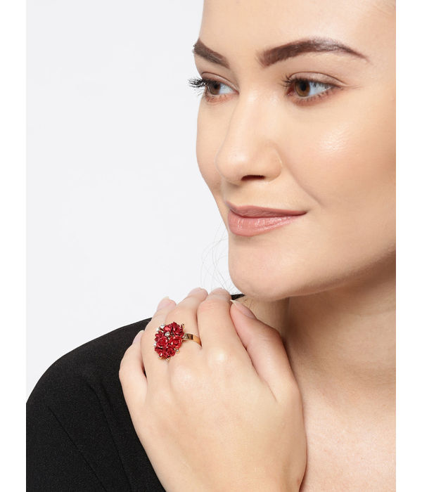 YouBella Red Gold-Plated Stone-Studded Floral Adjustable Finger Ring