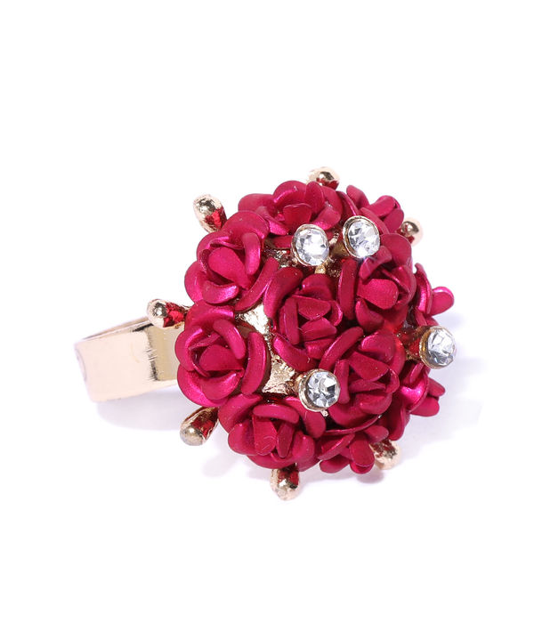 YouBella Magenta Gold-Plated Stone-Studded Floral Adjustable Finger Ring