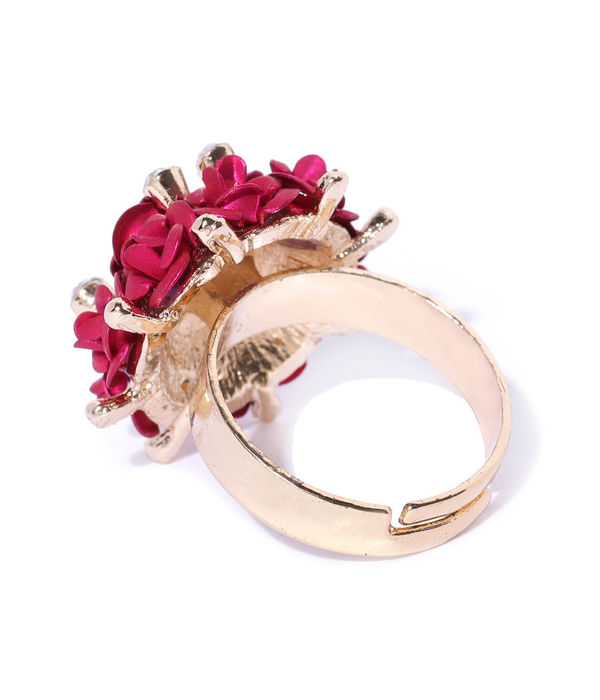 YouBella Magenta Gold-Plated Stone-Studded Floral Adjustable Finger Ring