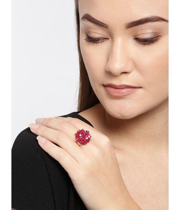 YouBella Magenta Gold-Plated Stone-Studded Floral Adjustable Finger Ring