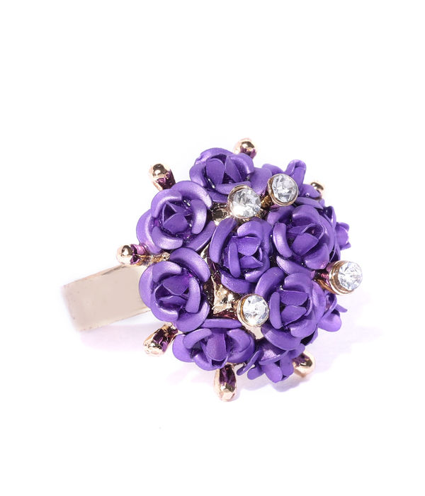 YouBella Purple Gold-Plated Stone-Studded Floral Adjustable Finger Ring