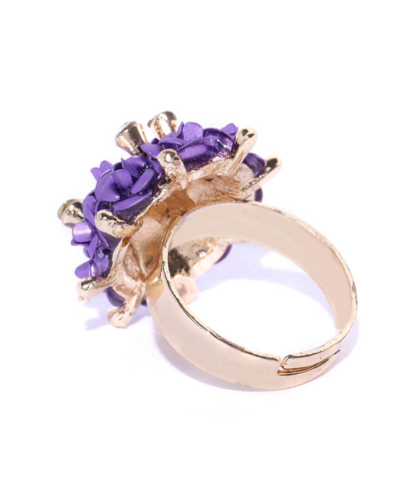 YouBella Purple Gold-Plated Stone-Studded Floral Adjustable Finger Ring