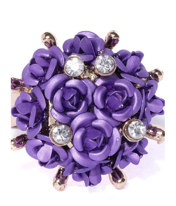 YouBella Purple Gold-Plated Stone-Studded Floral Adjustable Finger Ring