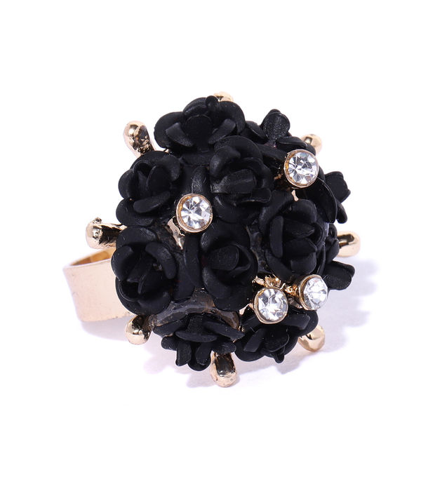 YouBella Black Gold-Plated Stone-Studded Floral Adjustable Finger Ring