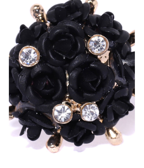 YouBella Black Gold-Plated Stone-Studded Floral Adjustable Finger Ring