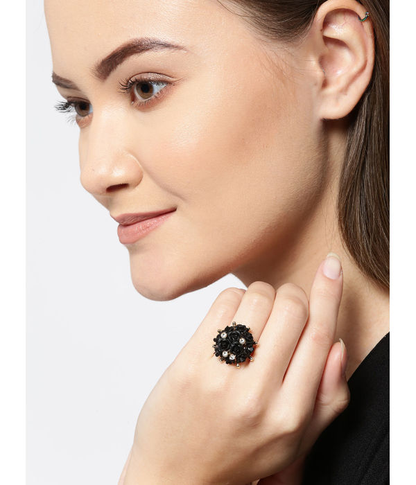 YouBella Black Gold-Plated Stone-Studded Floral Adjustable Finger Ring