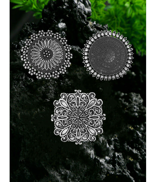 YouBella Oxidized Silver Plated Afghani Rings for Women and Girls (Adjustable Size, Combo of 3 , Style 1)