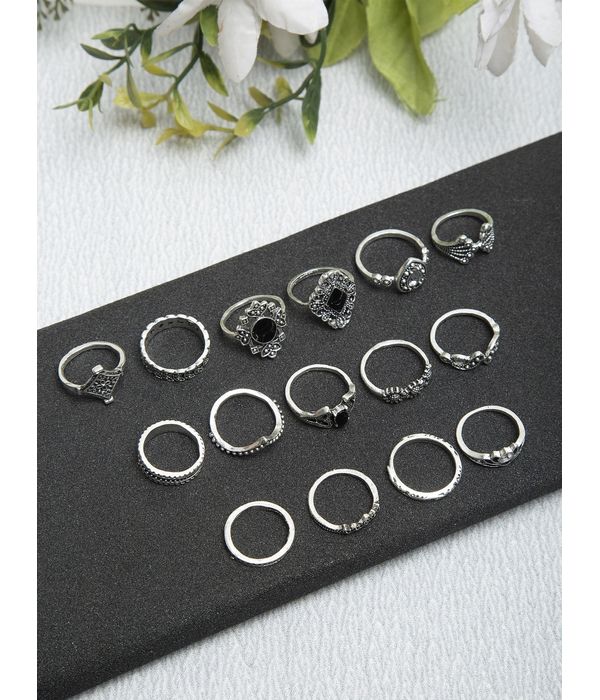 YouBella Oxidised Combo of 15 Boho Silver Plated Rings for Girls and Women (YBRG_20111A) (Silver)