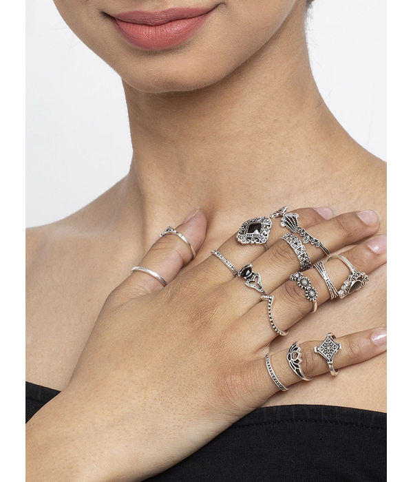 YouBella Oxidised Combo of 15 Boho Silver Plated Rings for Girls and Women (YBRG_20111A) (Silver)