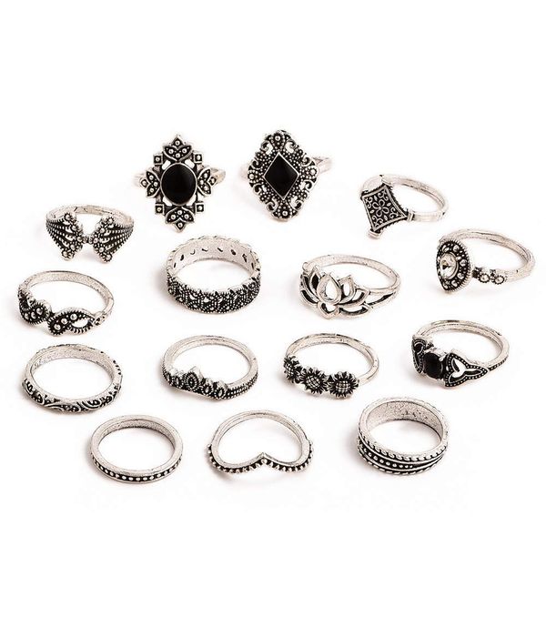 YouBella Oxidised Combo of 15 Boho Silver Plated Rings for Girls and Women (YBRG_20111A) (Silver)