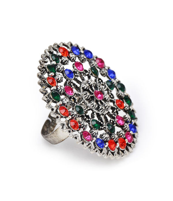 YouBella Silver-Plated Green  Orange Stone-Studded Adjustable Finger Ring