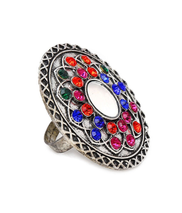 YouBella Silver-Plated Blue  Orange Stone-Studded Afgan Adjustable Finger Ring