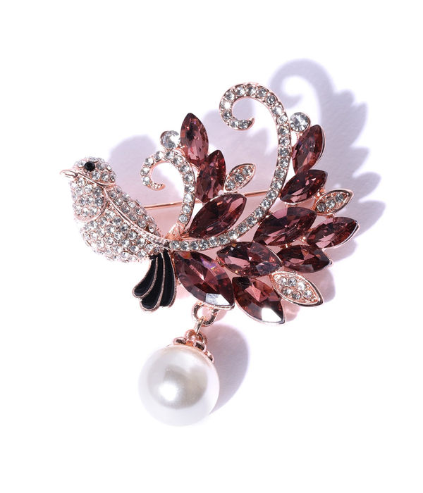 YouBella Women Brown  Rose Gold-Toned Stone-Studded  Beaded Bird Shaped Brooch