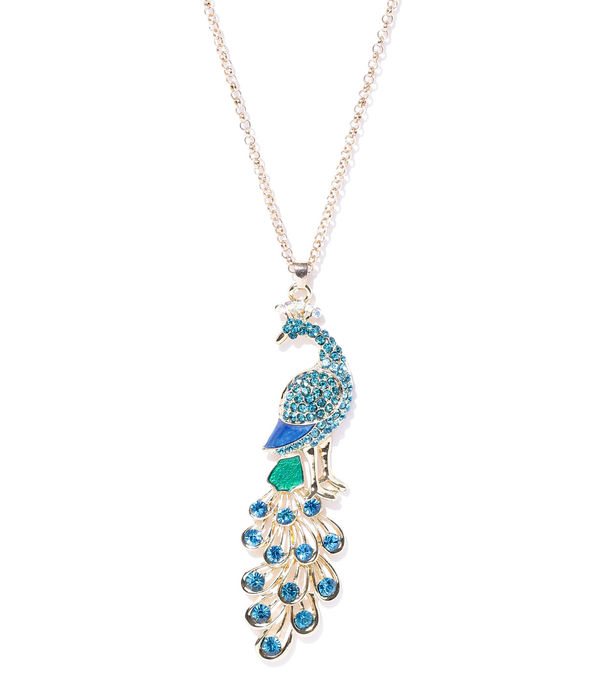 YouBella Blue  Gold-Toned Peacock-Shaped Stone-Studded Pendant with Chain