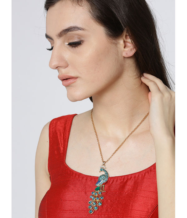 YouBella Blue  Gold-Toned Peacock-Shaped Stone-Studded Pendant with Chain