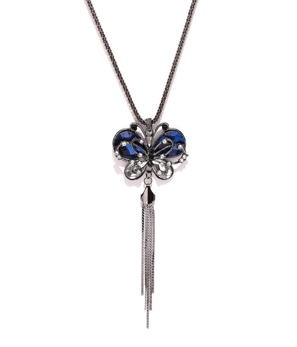YouBella Gunmetal-Toned  Blue Stone-Studded Pendant with Chain