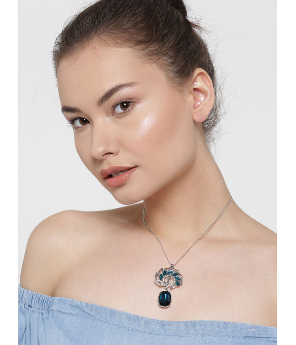 YouBella Silver-Toned  Blue Stone-Studded Pendant with Chain