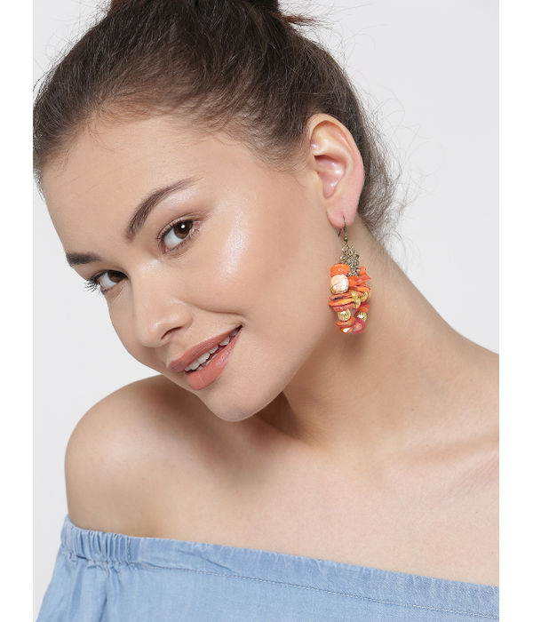 YouBella Orange Gold-Plated Beaded Drop Earrings