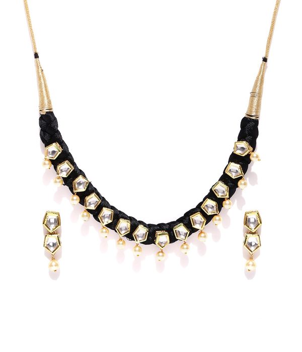 YouBella Black  Gold-Toned Stone-Studded Beaded Jewellery Set