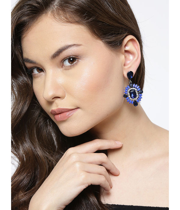 YouBella Blue Silver-Plated Stone-Studded Contemporary Drop Earrings