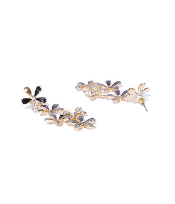 YouBella Black Gold-Plated Stone-Studded Floral Drop Earrings