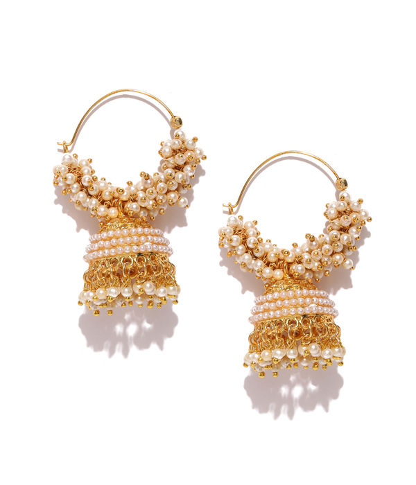 YouBella Off-White Gold-Plated Beaded Dome Shaped Jhumkas