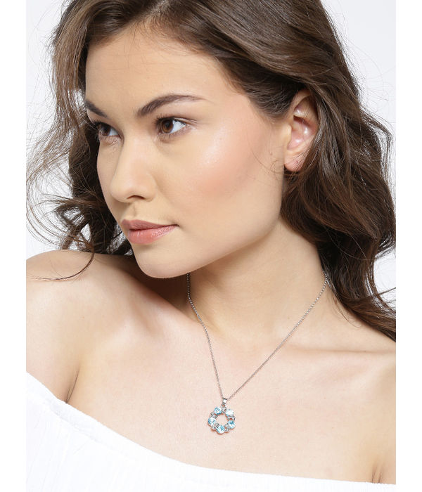 YouBella Blue  Silver-Toned Stone-Studded Pendant with Chain