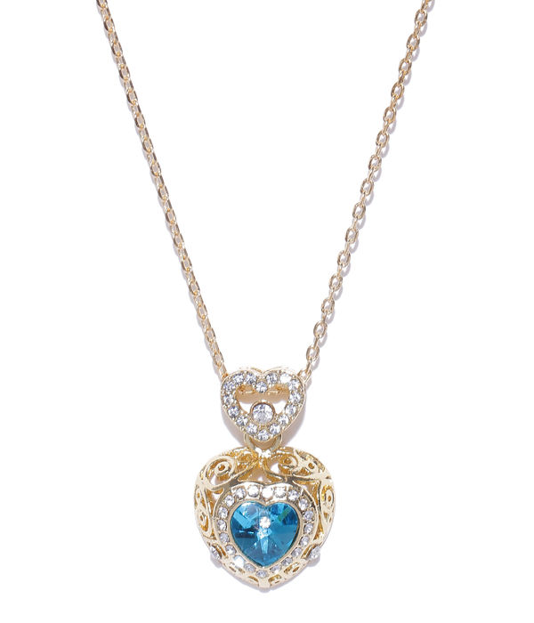 YouBella Blue  Gold-Toned Heart-Shaped Stone-Studded Pendant with Chain