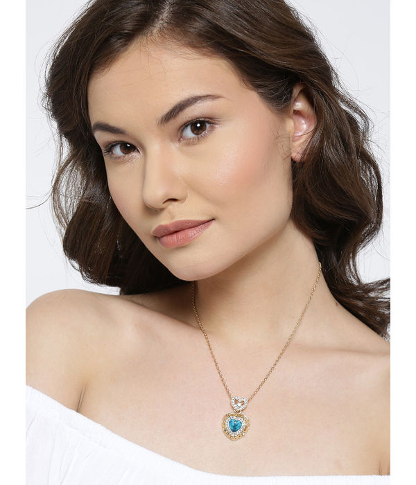 YouBella Blue  Gold-Toned Heart-Shaped Stone-Studded Pendant with Chain