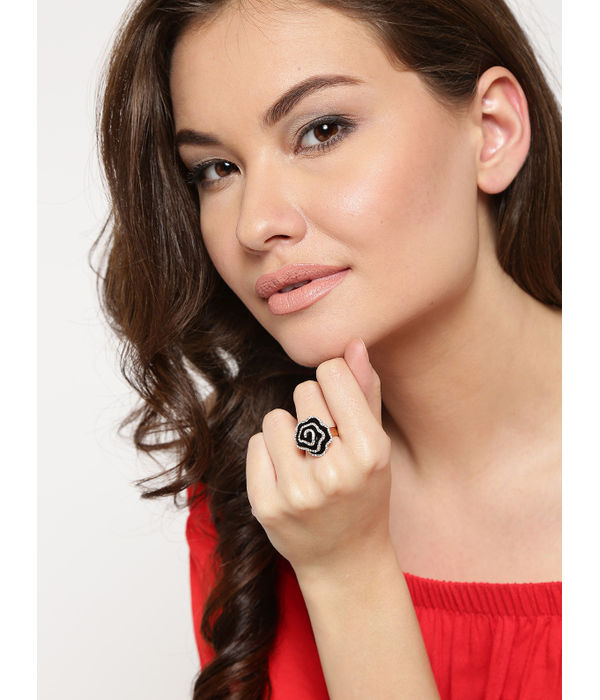 YouBella Black  Gold-Toned Stone-Studded Adjustable Ring