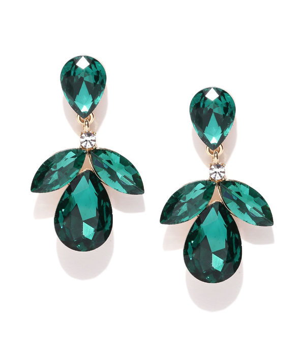 YouBella Green Gold-Plated Teardrop Shaped Drop Earrings