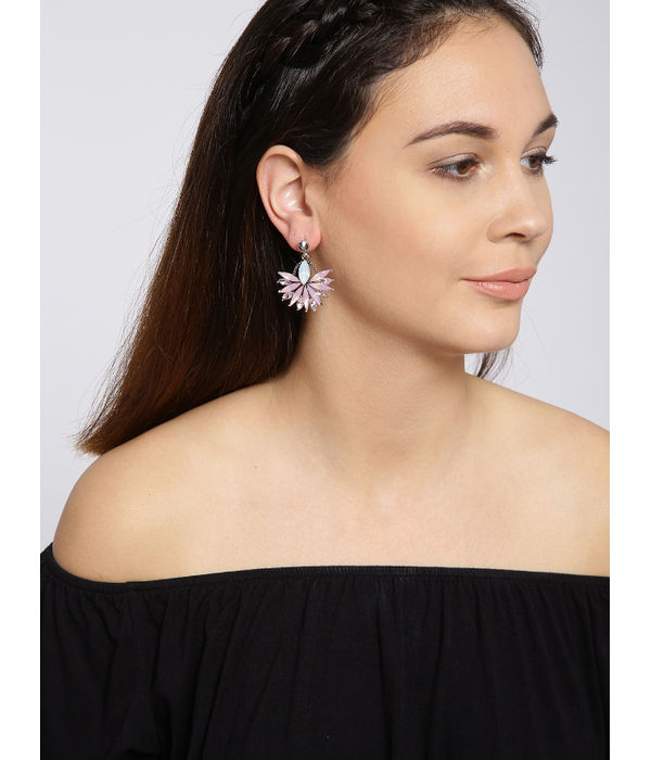 YouBella Pink Contemporary Stone-Studded Drop Earrings