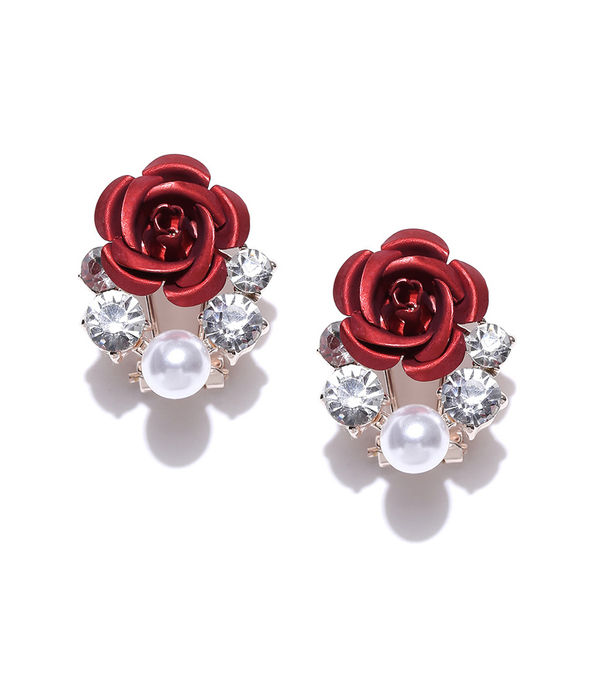 YouBella Red  Off-White Floral Beaded Oversized Stone Studs