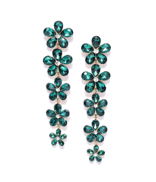 YouBella Green Gold-Plated Stone-Studded Floral Drop Earrings