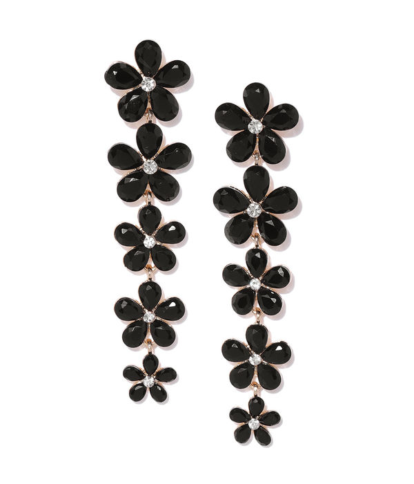 YouBella Black Gold-Plated Stone-Studded Floral Drop Earrings