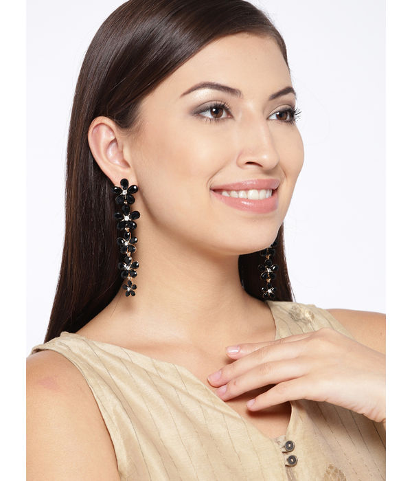 YouBella Black Gold-Plated Stone-Studded Floral Drop Earrings