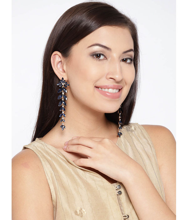 YouBella Navy Gold-Plated Stone-Studded Leaf Shaped Drop Earrings