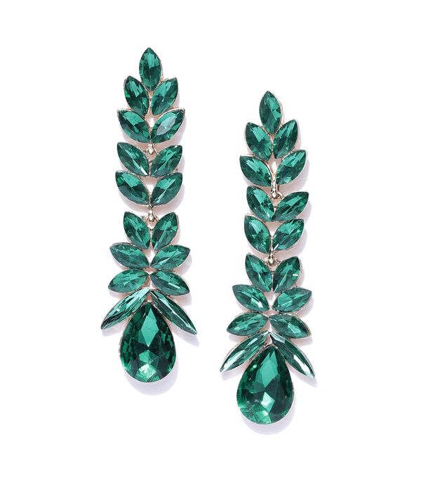 YouBella Green Gold-Plated Stone-Studded Contemporary Drop Earrings