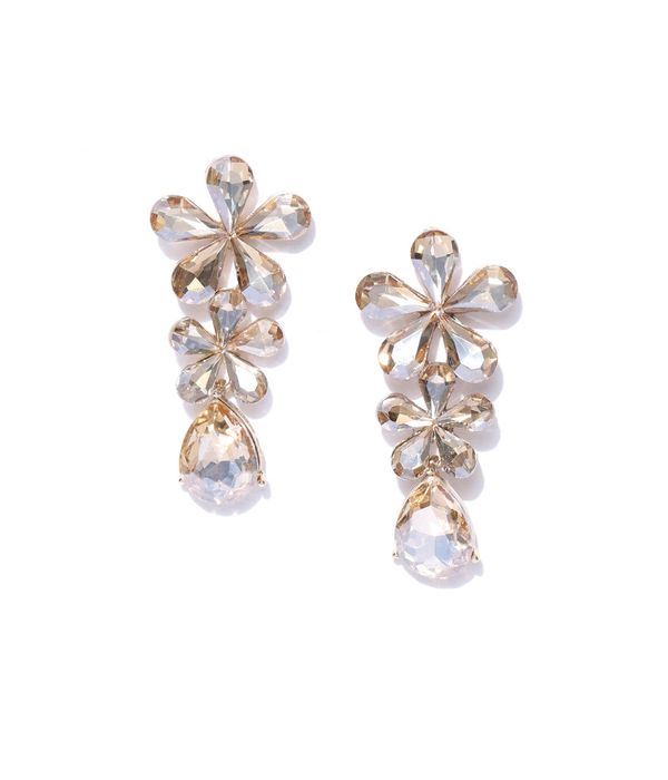 YouBella Beige Gold-Plated Stone-Studded Floral Drop Earrings