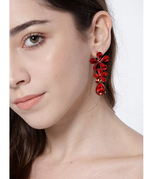 YouBella Red Gold-Plated Stone-Studded Floral Drop Earrings